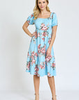 Floral Square Neck Puff Sleeve Boho Dress