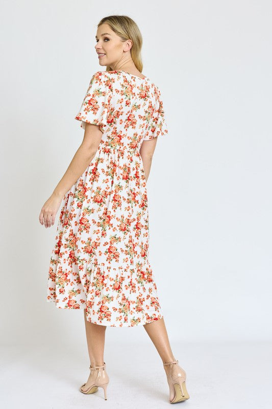 Floral Angel Sleeve Midi Dress