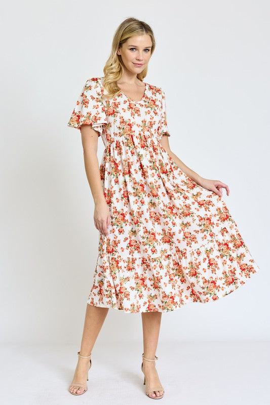 Floral Angel Sleeve Midi Dress