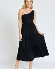 One Shoulder Ruffle Midi Dress