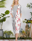 Celeste Full Size Floral Striped Contrast Midi-Dress with Pockets