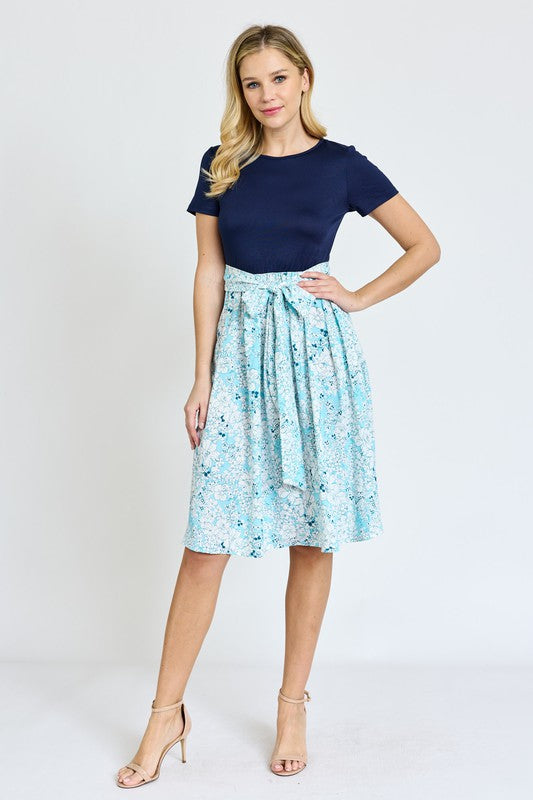 Short Sleeve Floral Sash Midi Dress