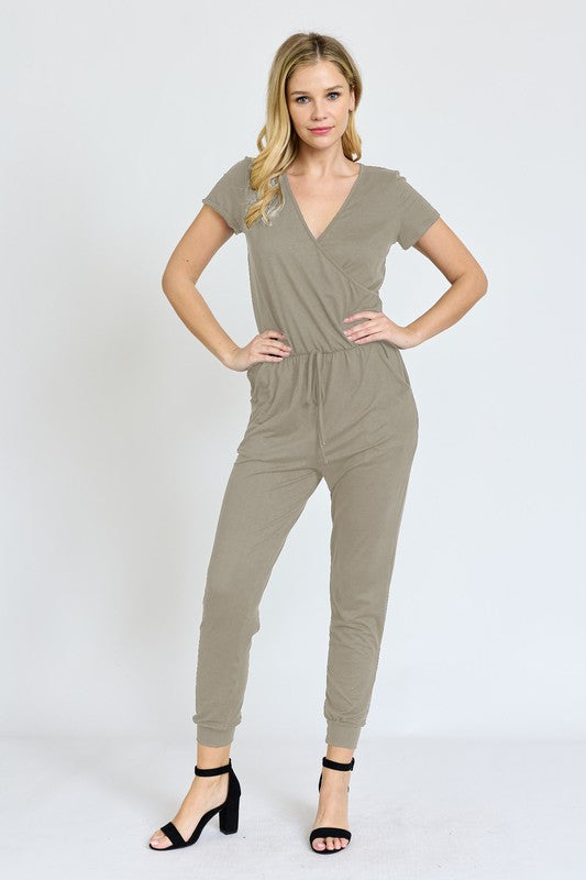 V-Neck Short Sleeve Jogger Jumpsuit