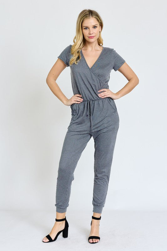 V-Neck Short Sleeve Jogger Jumpsuit