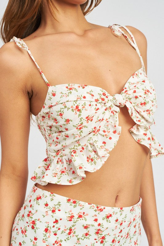 Emory Park Front Knot Crop Top with Ruffle Detail