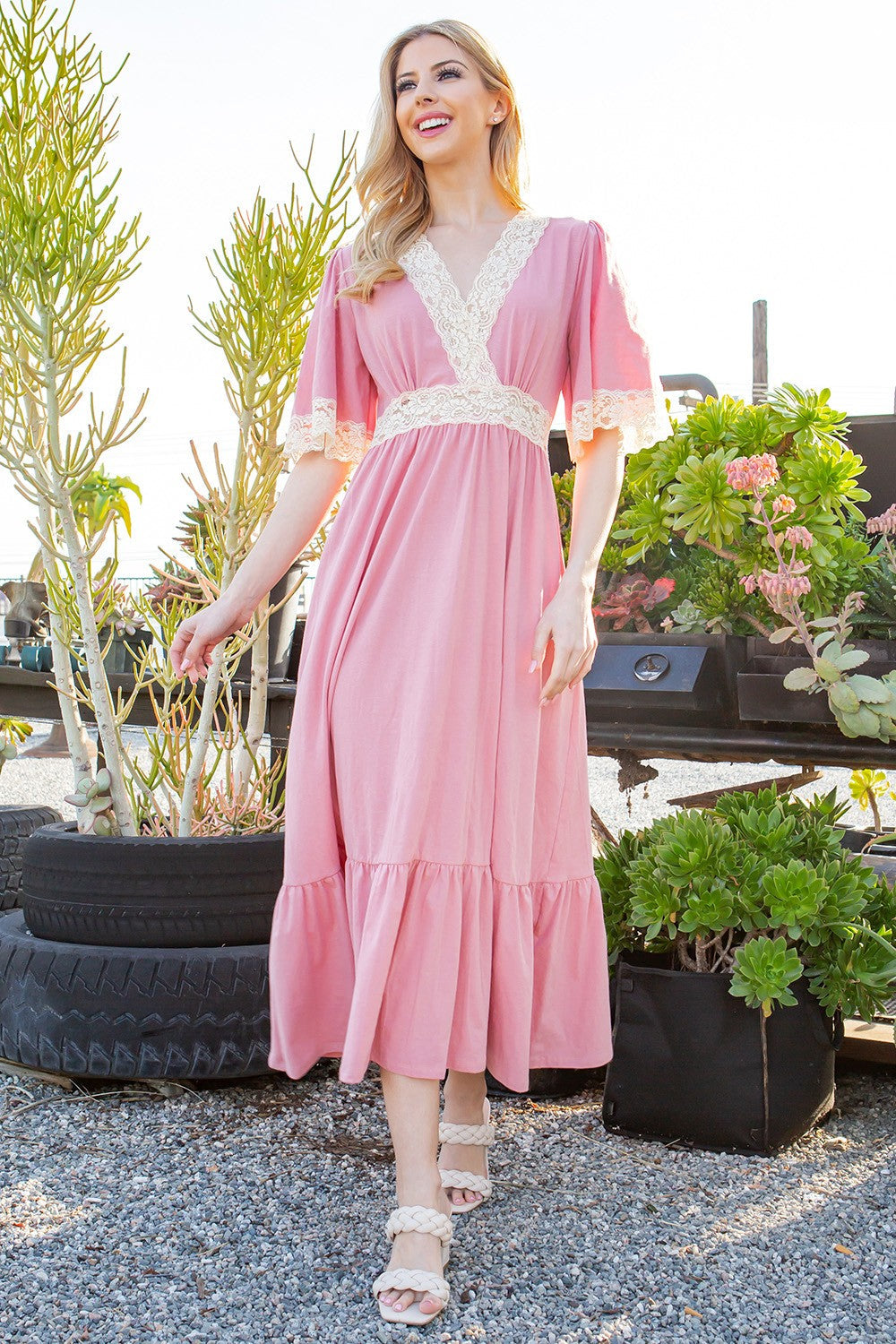 Lace Trim Tiered Wrap Dress — Romantic Flutter Sleeve Maxi
