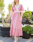 Lace Trim Tiered Wrap Dress — Romantic Flutter Sleeve Maxi