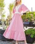 Lace Trim Tiered Wrap Dress — Romantic Flutter Sleeve Maxi