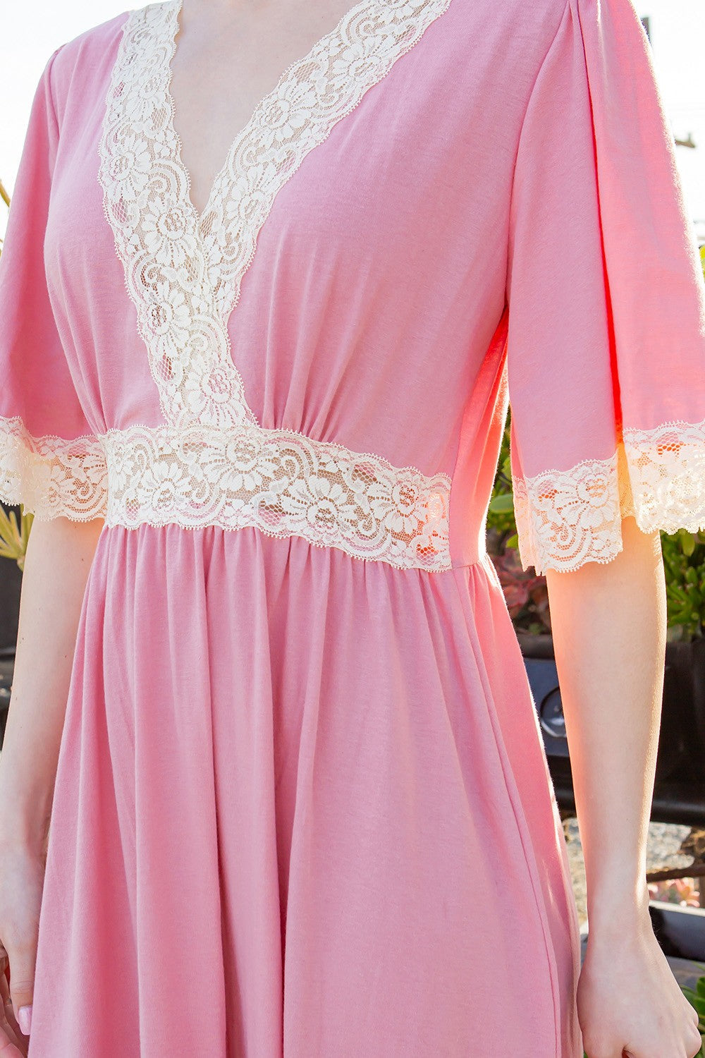 Lace Trim Tiered Wrap Dress — Romantic Flutter Sleeve Maxi