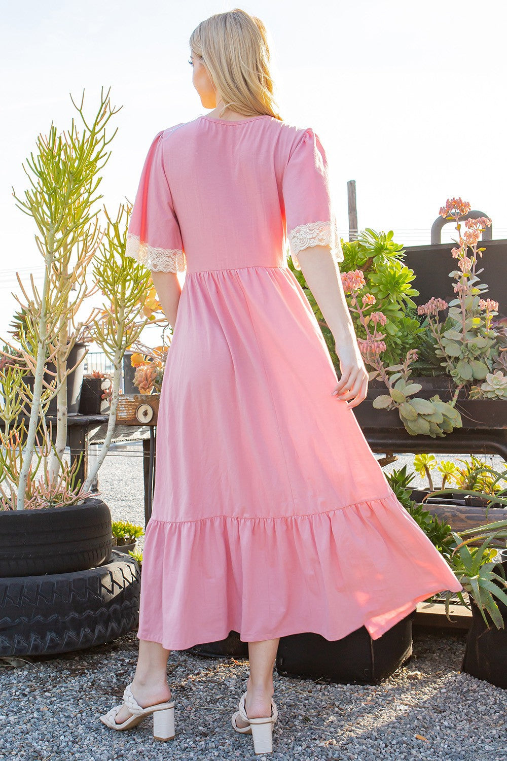 Lace Trim Tiered Wrap Dress — Romantic Flutter Sleeve Maxi