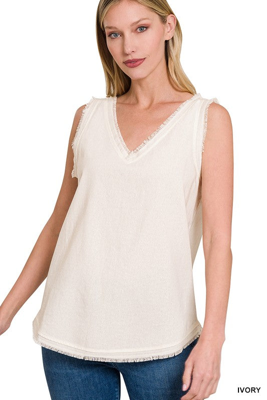 Zenana Linen Pre-Washed Frayed Edge Top - Online Only