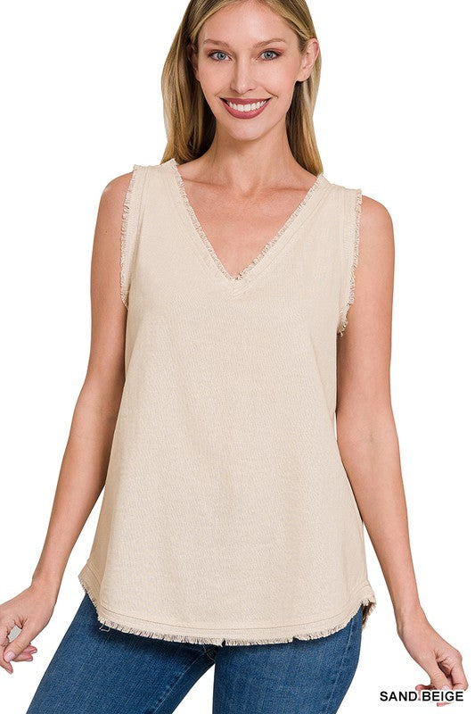 Zenana Linen Pre-Washed Frayed Edge Top - Online Only