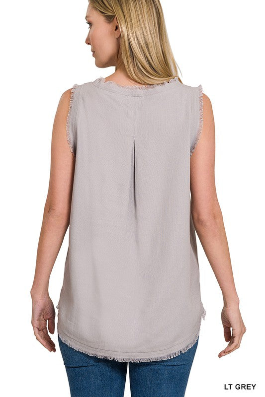 Zenana Linen Pre-Washed Frayed Edge V-Neck Sleeveless Top