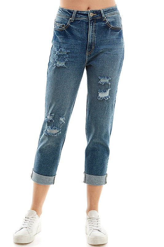 Blue Age Roll-Up Distressed High Rise Stretch Mom Jeans