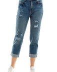 Blue Age Roll-Up Distressed High Rise Stretch Mom Jeans