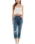 Blue Age Roll-Up Distressed High Rise Stretch Mom Jeans