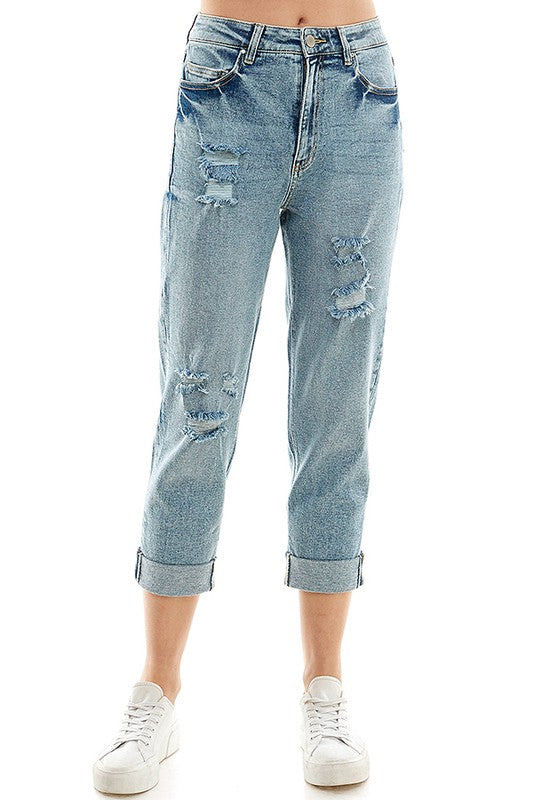 Blue Age Roll-Up Distressed High Rise Stretch Mom Jeans