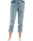 Blue Age Roll-Up Distressed High Rise Stretch Mom Jeans