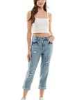 Blue Age Roll-Up Distressed High Rise Stretch Mom Jeans