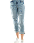 Blue Age Roll-Up Distressed High Rise Stretch Mom Jeans