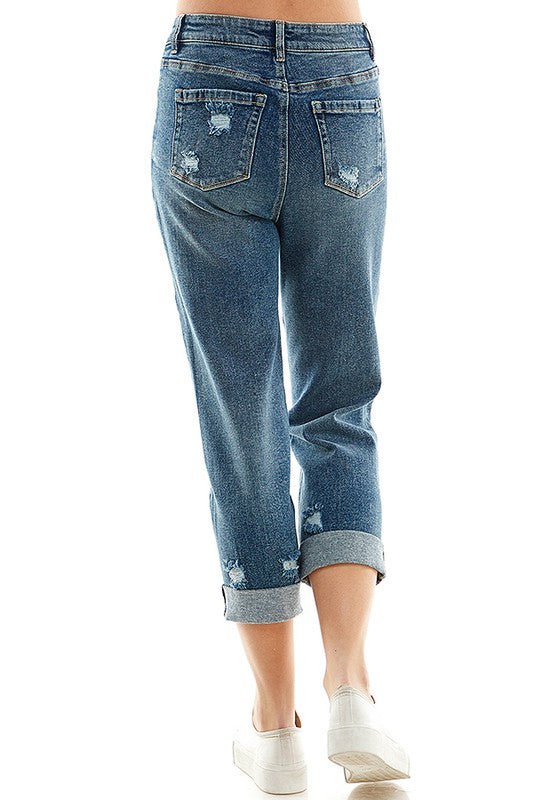 Blue Age Roll-Up Distressed High Rise Stretch Mom Jeans