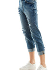 Blue Age Roll-Up Distressed High Rise Stretch Mom Jeans