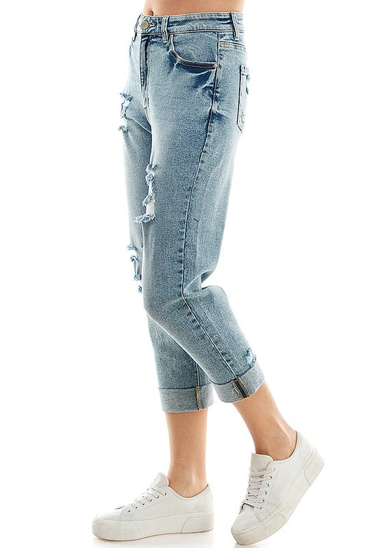 Blue Age Roll-Up Distressed High Rise Stretch Mom Jeans