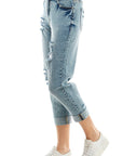 Blue Age Roll-Up Distressed High Rise Stretch Mom Jeans