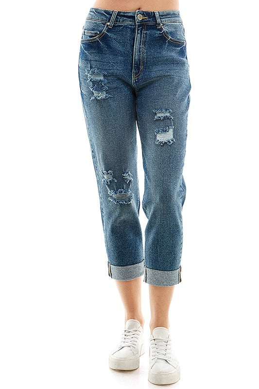 Blue Age Roll-Up Distressed High Rise Stretch Mom Jeans