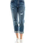 Blue Age Roll-Up Distressed High Rise Stretch Mom Jeans