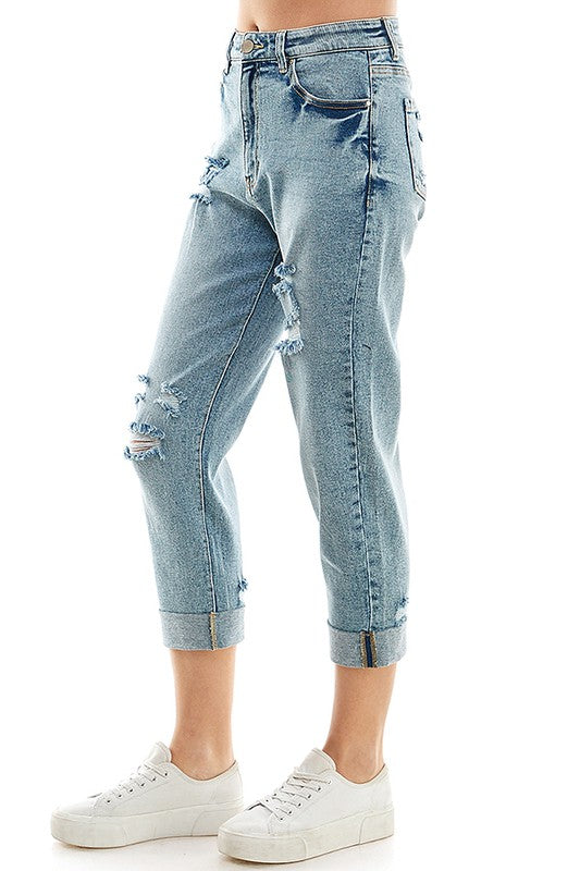 Blue Age Roll-Up Distressed High Rise Stretch Mom Jeans