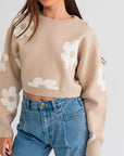 Le Lis Long Sleeve Crop Sweater with Daisy Pattern