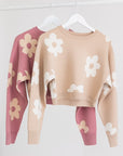 Le Lis Long Sleeve Crop Sweater with Daisy Pattern