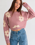 Le Lis Long Sleeve Crop Sweater with Daisy Pattern