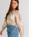 Le Lis Long Sleeve Crop Sweater with Daisy Pattern