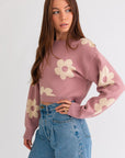 Le Lis Long Sleeve Crop Sweater with Daisy Pattern