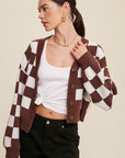 Listicle Bold Gingham Sweater Weaved Crop Cardigan