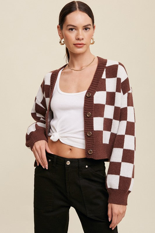 Listicle Bold Gingham Sweater Weaved Crop Cardigan