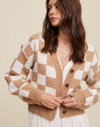 Listicle Bold Gingham Sweater Weaved Crop Cardigan