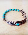 Round Blue Turquoise Beaded Bracelet on Copper Feather 810t