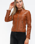 Snobbish Faux Leather Zip Up Drawstring Hooded Jacket