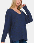 Zenana High-Low Center Seam V-Neck Sweater