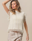 BiBi Layered Pleat Chiffon Edge Cable Knit Top