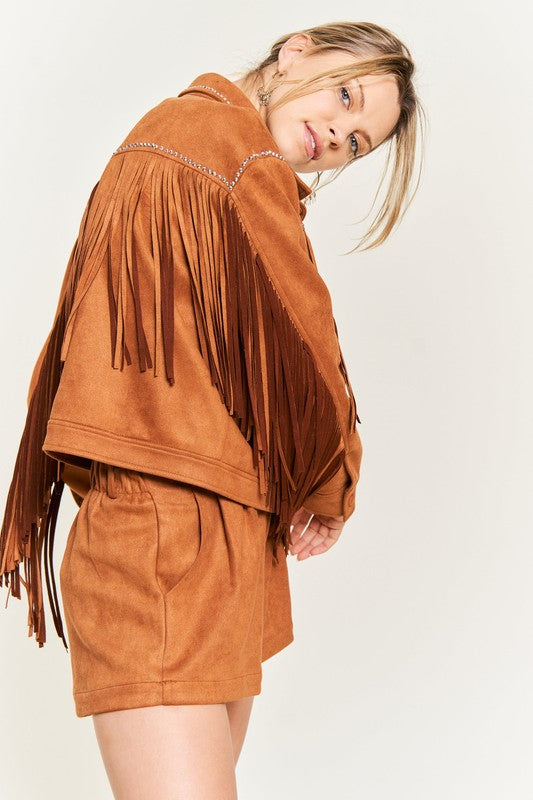 Jade By Jane Faux Suede Studded Fringe Jacket