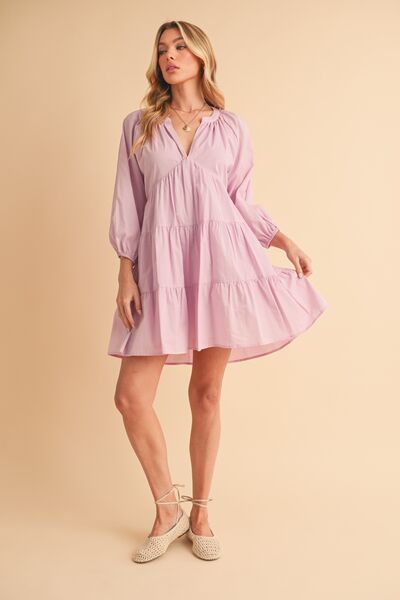 Aemi + Co Notched Balloon Sleeve Tiered Mini Dress