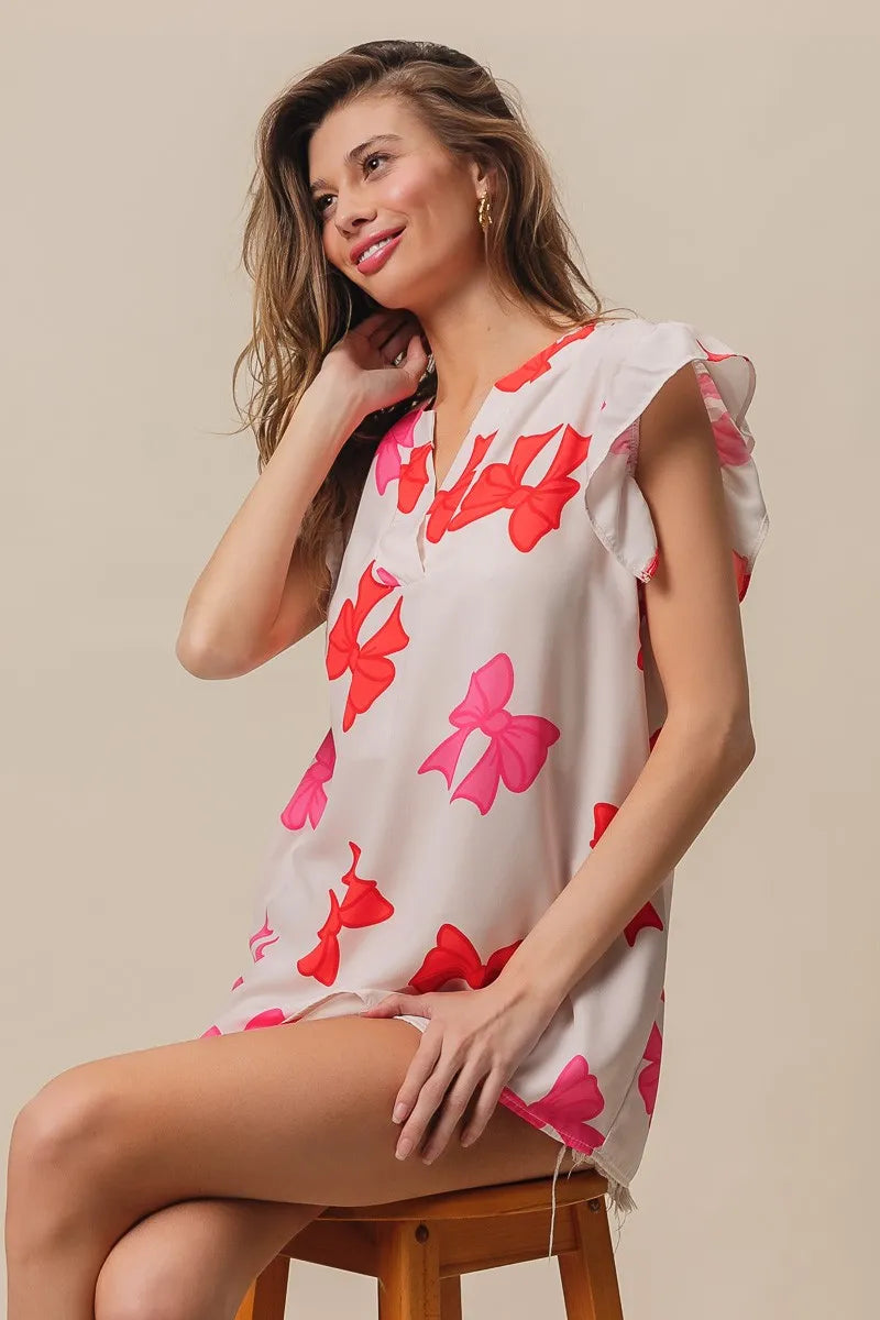 BiBi Bow Printed Woven Ruffled Sleeves V Neck Top