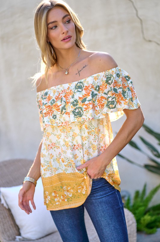 Davi &amp; Dani Printed Off Shoulder Smocked Top