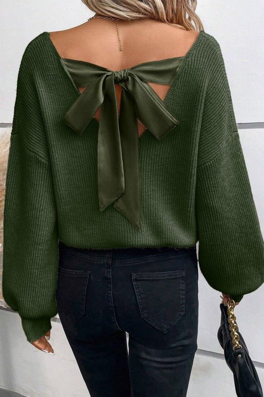 Bow Back Lantern Sleeve V-Neck Sweater