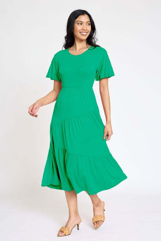 Plus Solid Diagonal Tiered Flowy Dress