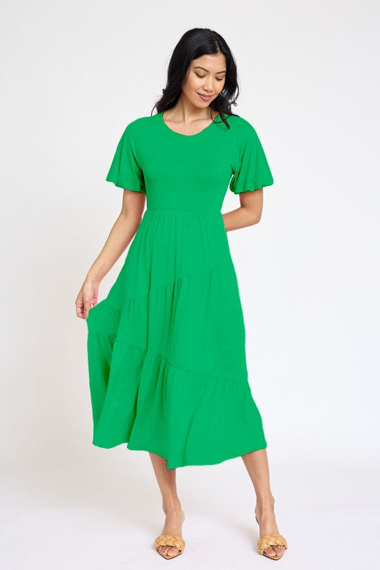 Solid Diagonal Tiered Flowy Dress